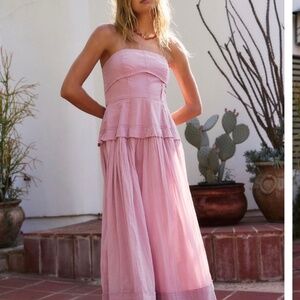 Free People Pink Strapless Tiered Peplum Midi Dress